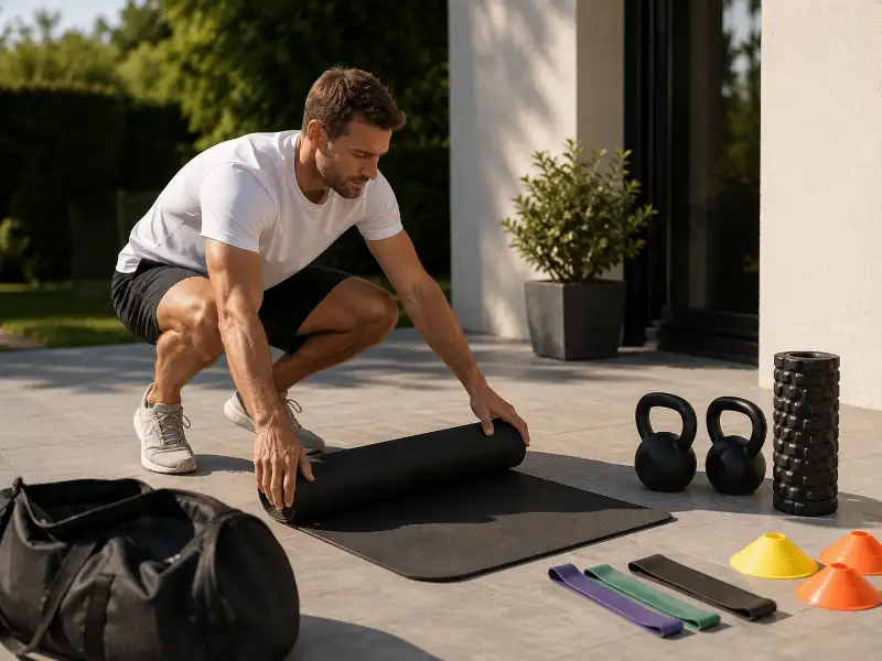 Coach sportif installant le matériel au domicile d'un client à La Ciotat